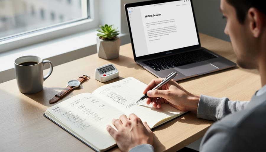 Open planner with handwritten schedule and tasks on wooden desk with laptop