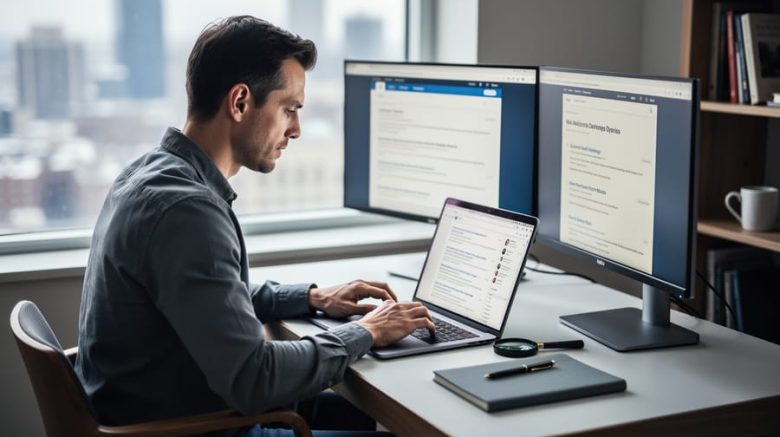 Freelance writer at a wooden desk reviewing multiple sources on a laptop and secondary monitor, hands on keyboard with a magnifying glass and notebook nearby, soft natural daylight, blurred bookshelf and city skyline in the background.