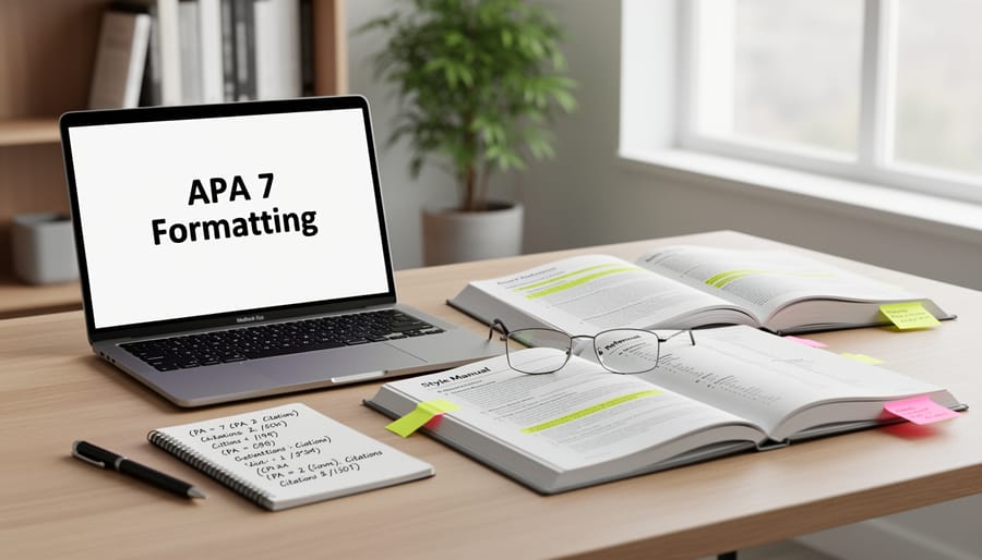 Writer's hands typing on laptop with citation guide and reading glasses nearby