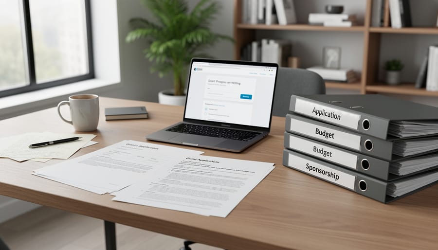 Organized application documents including manuscript pages, budget, and letters of recommendation arranged on desk