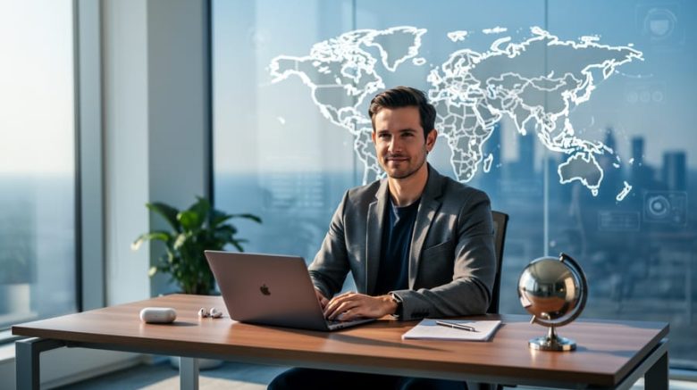 Remote B2B writer at a sleek desk with laptop and globe sculpture, lit by soft daylight, with a blurred abstract world map and distant city skyline suggesting global connections.