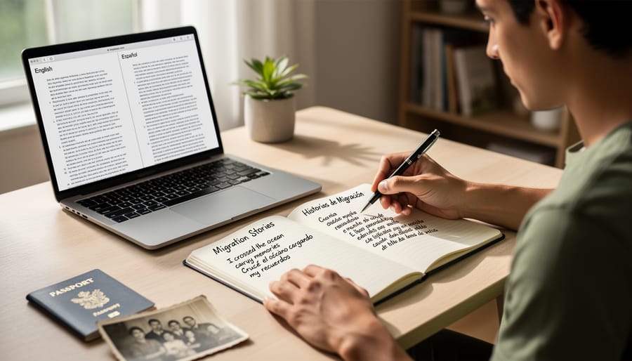 Open journal showing handwritten text in two different languages on wooden table