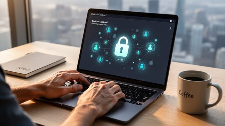 Overhead three-quarter shot of a freelance writer typing on a laptop at a wooden desk with translucent blockchain nodes and a padlock hologram above the keyboard, soft daylight, and a blurred city skyline, notebook, and coffee mug in the background.