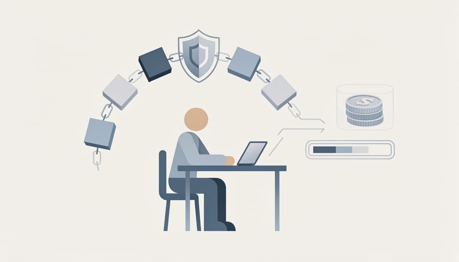 Digital security concept with holographic lock above laptop representing blockchain protection