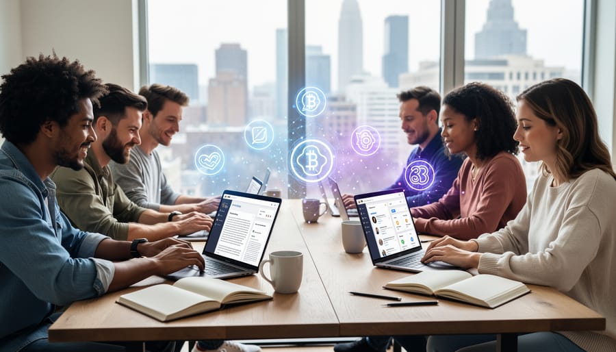 Group of freelance writers collaborating on blockchain writing projects at co-working space