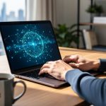 Canadian freelance writer typing on a laptop displaying abstract blue blockchain network visuals, with a maple-leaf mug on the desk and a blurred city skyline in the background.