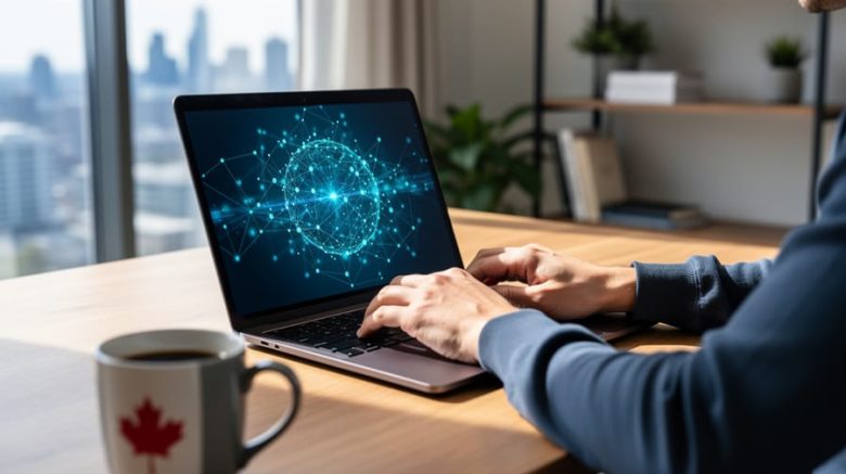 Canadian freelance writer typing on a laptop displaying abstract blue blockchain network visuals, with a maple-leaf mug on the desk and a blurred city skyline in the background.