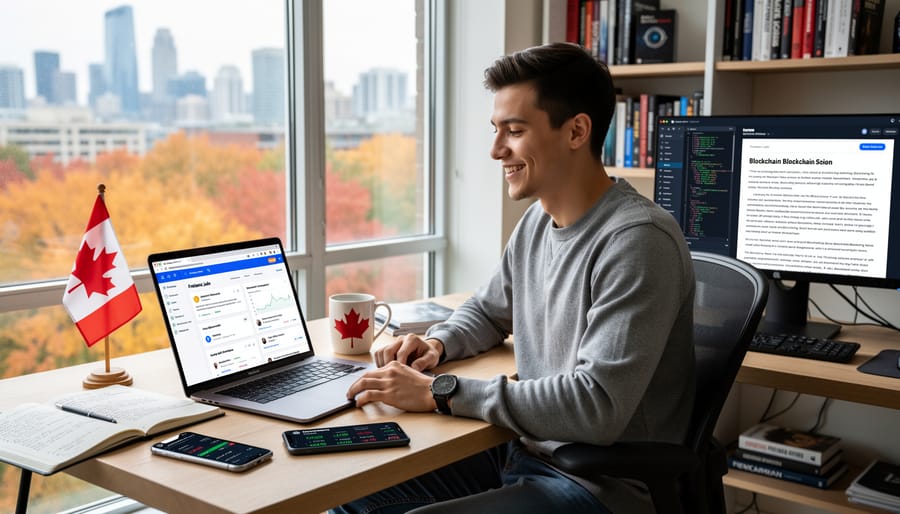 Freelance writer working on blockchain content with educational materials on desk