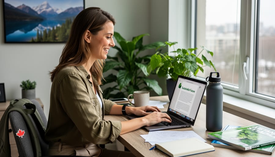 Female freelance writer working on laptop in outdoor green space surrounded by plants