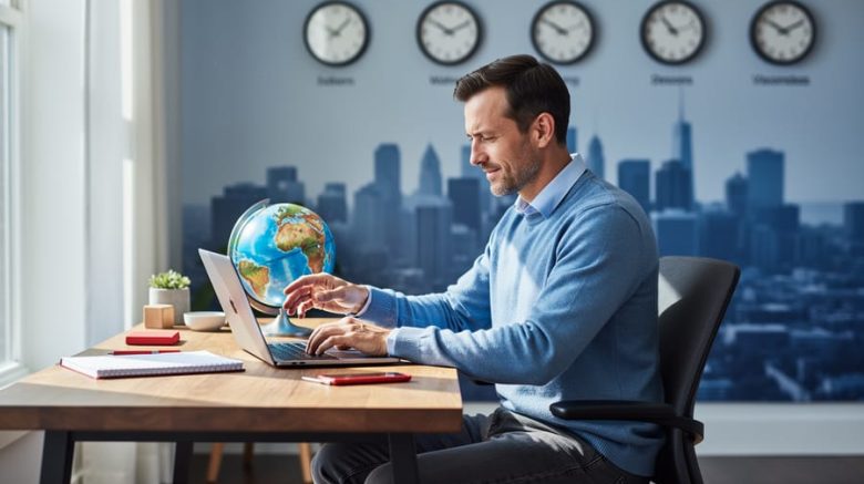 Canadian freelance writer at a laptop holding a small globe, with blurred time-zone clocks and a city skyline in the background under soft natural daylight.