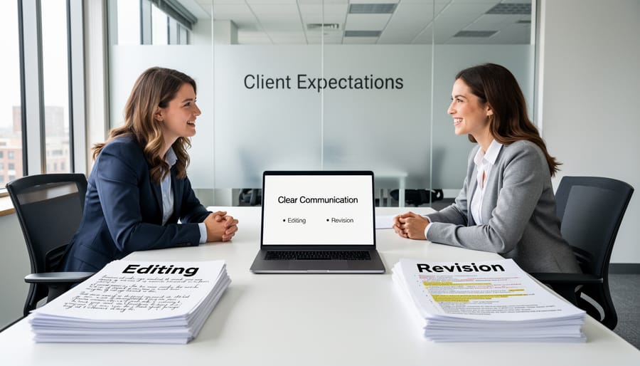 Two professionals discussing project details and documents at office table