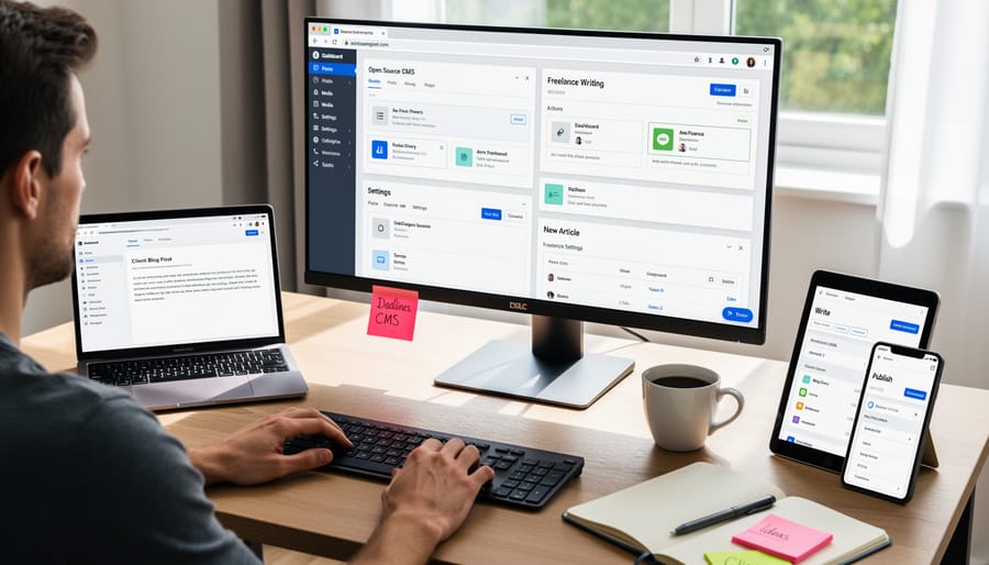Multiple laptops displaying different content management system interfaces on desk