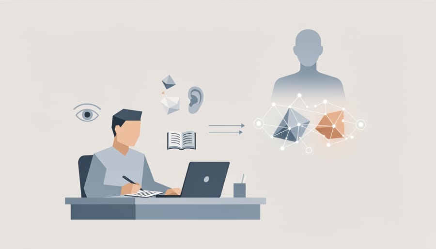 Multiple hands working together on laptop with digital AI interface elements
