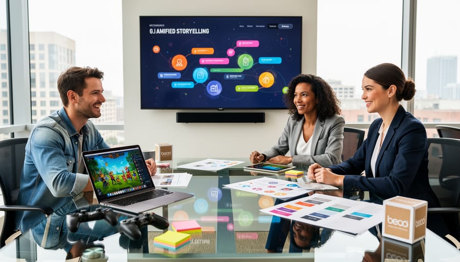 Creative professionals collaborating on interactive storytelling project in modern office setting