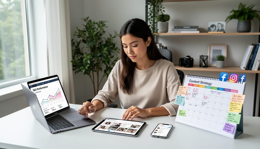 Organized workspace showing freelance writer's content strategy materials and client work