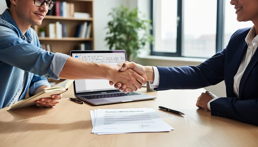 Business professionals shaking hands over signed contract on desk
