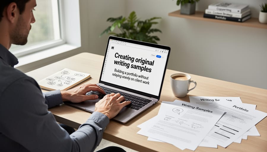 Writer working on laptop creating original content for portfolio