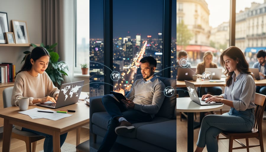 Diverse hands collaborating on laptop showing cross-cultural freelance work