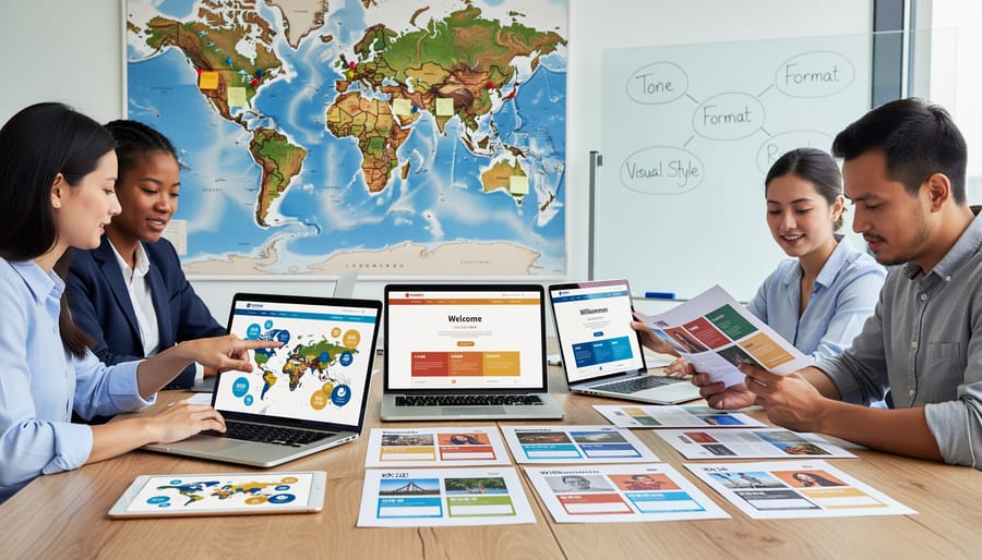 Overhead view of multilingual notes and digital devices showing cross-cultural content planning