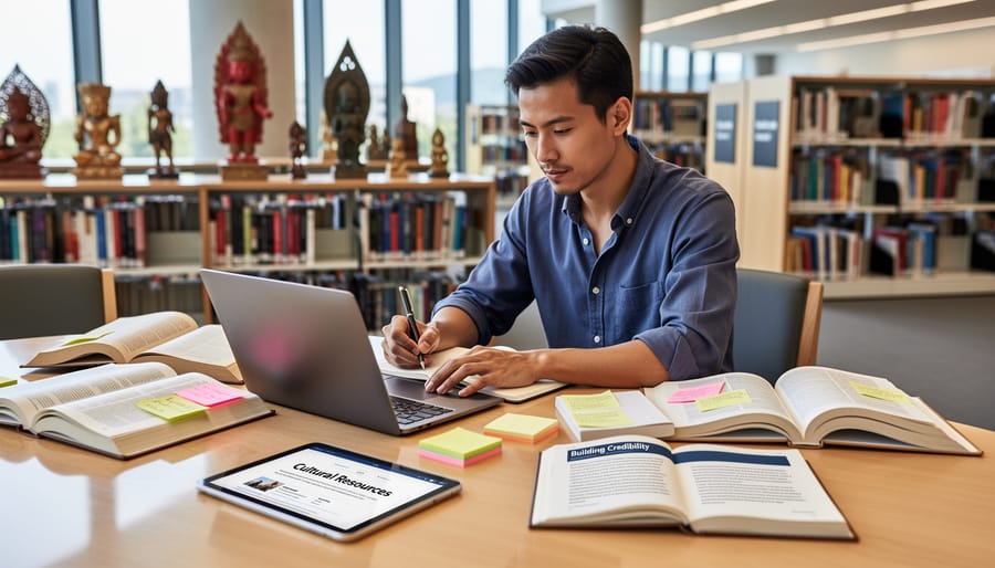 Writer's workspace with cultural sensitivity guides and research notes