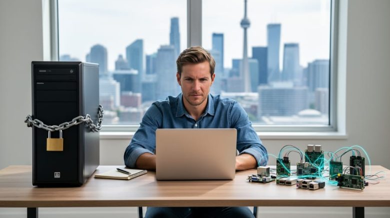 Canadian freelance writer at a desk between a chained server tower and a cluster of small networked mini-computers, symbolizing centralized versus decentralized platforms, with a blurred Toronto skyline visible through a window