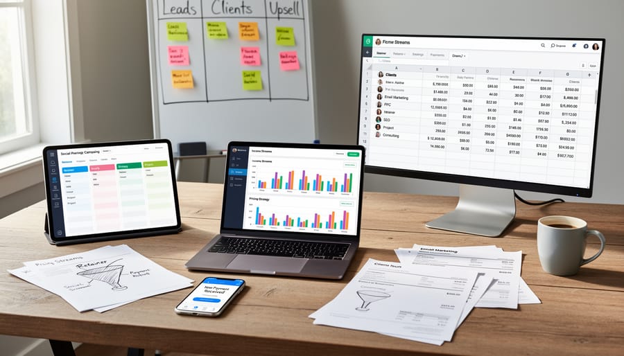Overhead view of laptop, Canadian currency, and calculator on desk representing digital marketing earnings