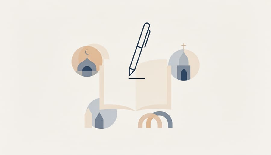 Diverse hands holding various writing instruments arranged in a circle on wooden desk
