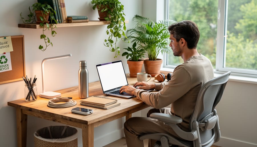 Overhead view of eco-friendly writer's workspace with laptop, reusable cup, and green plant on wooden desk