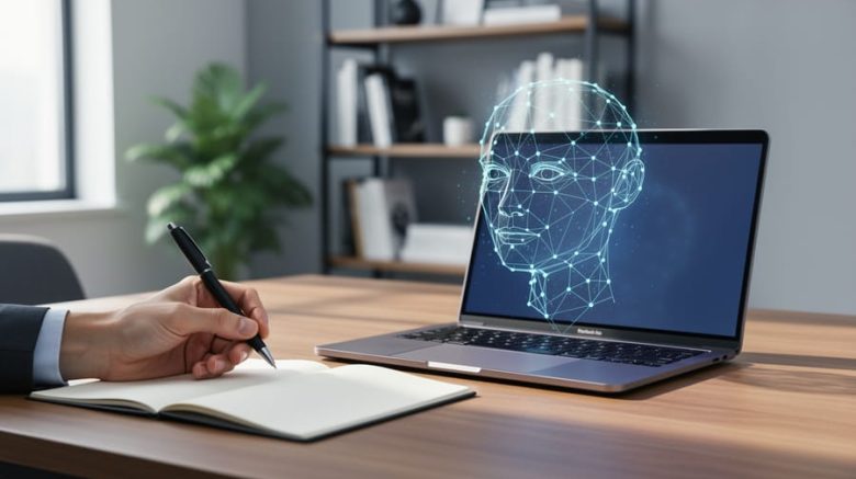 Writer at a wooden desk next to an open laptop emitting a subtle holographic neural network with no readable text, shot at eye level with soft window light and a blurred bookshelf and plant in the background