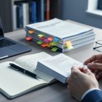 Organized desk viewed from above with closed laptop, stacked journals with tabs, open notebook, pen and glasses, and hands aligning printed pages under soft natural light; blurred bookshelf and window in the background.