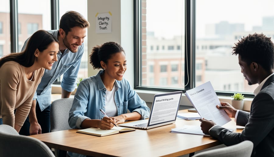 Two professionals collaborating over documents in bright modern office setting