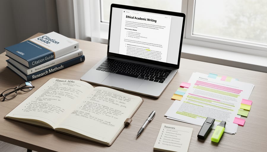 Organized desk workspace with laptop, coffee, and academic books showing proper research setup