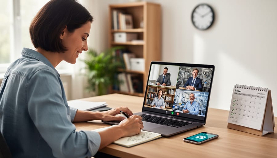 Freelance writer conducting remote expert interview via video call on laptop