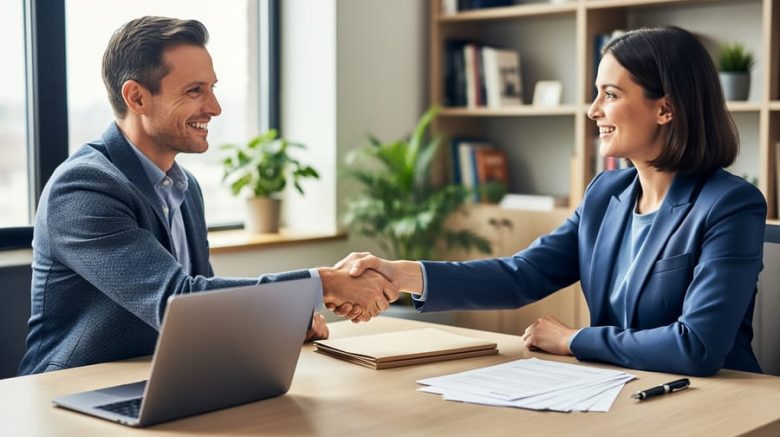 Writer and nonprofit program officer shake hands over a desk with a laptop, manila folder, printed pages, and a fountain pen in a sunlit office with bookshelves and plants, background softly blurred.