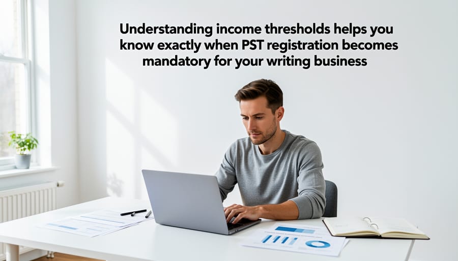 Freelancer working on laptop with Canadian currency representing income thresholds