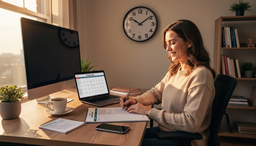 Freelance writer taking a break and stretching at home office desk