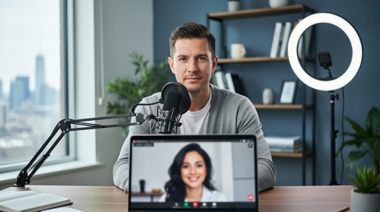 Freelance writer at a modern desk on a video call with an industry influencer, with a microphone and ring light, soft side daylight, and a blurred city skyline in the background.