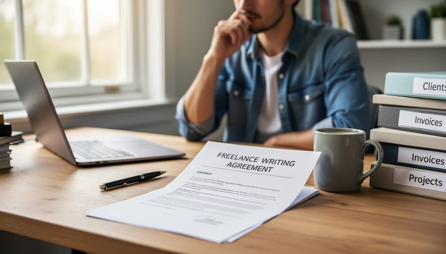 Freelance writer working on laptop with contract document and pen on desk