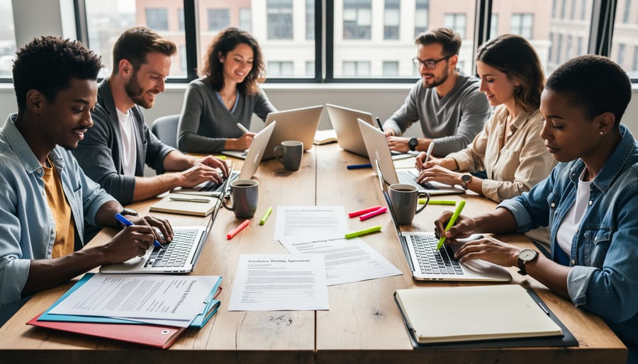Freelance writer reviewing contracts while working at home office desk