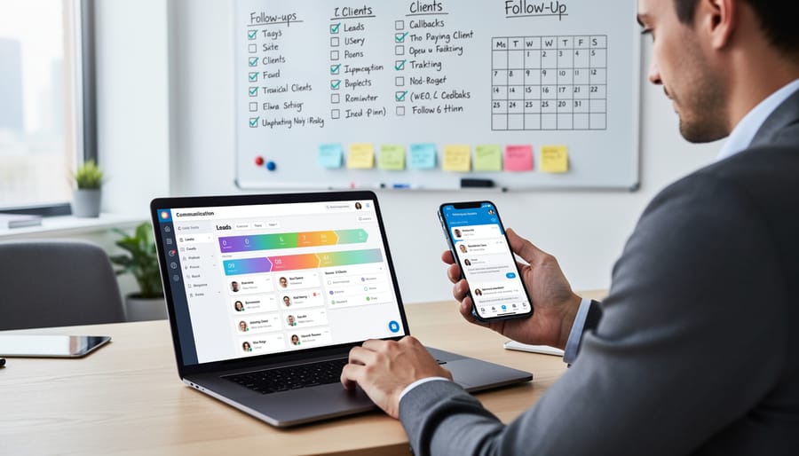 Freelance writer's hands typing on laptop with phone showing calendar reminders nearby