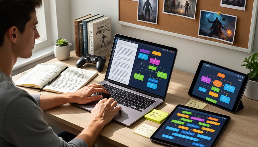 Freelance writer's workspace with laptop and gaming headset showing crossover between writing and game development