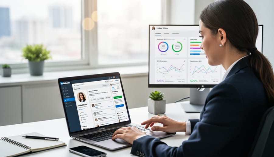 Freelance writer working on LinkedIn profile optimization at desk