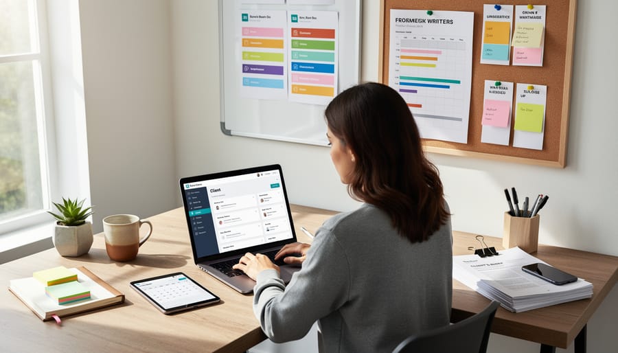 Freelance writer's organized desk with laptop, notebook, and coffee showing workspace setup