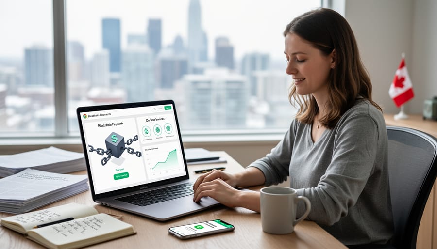 Freelance writer checking instant payment notification on smartphone in home office