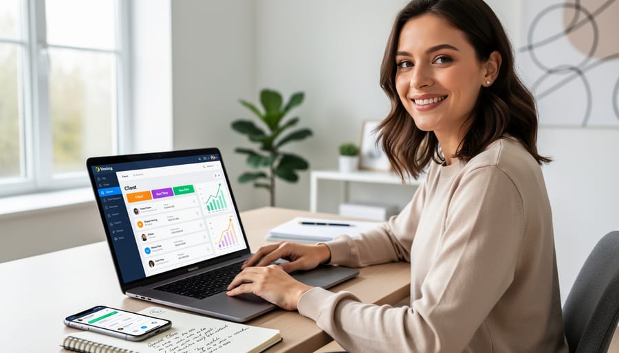 Freelance writer celebrating success at home office workspace