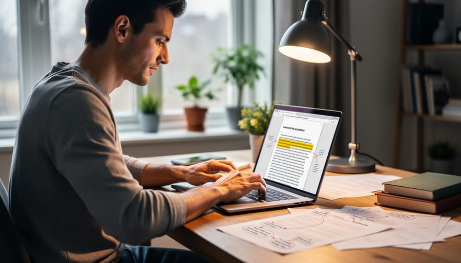 Freelance writer working confidently on laptop in bright modern coffee shop