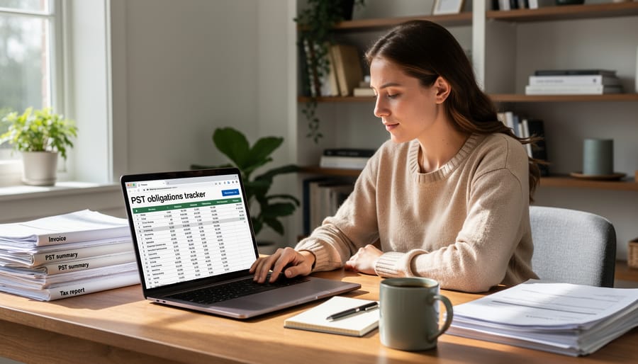 Overhead view of home office desk with laptop, calculator, and tax documents for freelance business