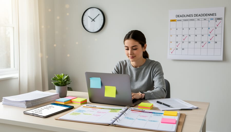Freelance writer's hands typing on laptop at organized home office desk