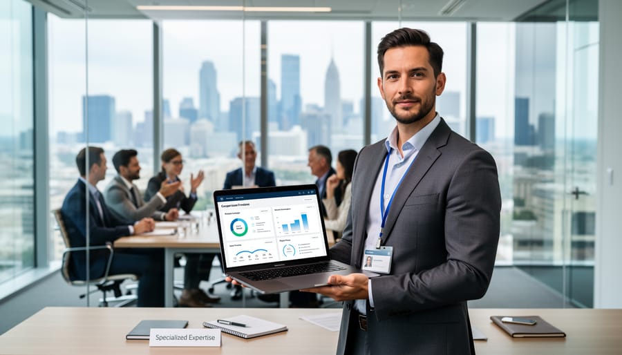 Freelance professionals collaborating on video conference call in modern workspace