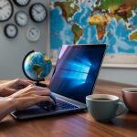 Hands of a freelance writer typing on a laptop at a wooden desk with a small globe and coffee and tea cups; blurred world map and several unlabeled analog clocks in the background, lit by soft daylight.